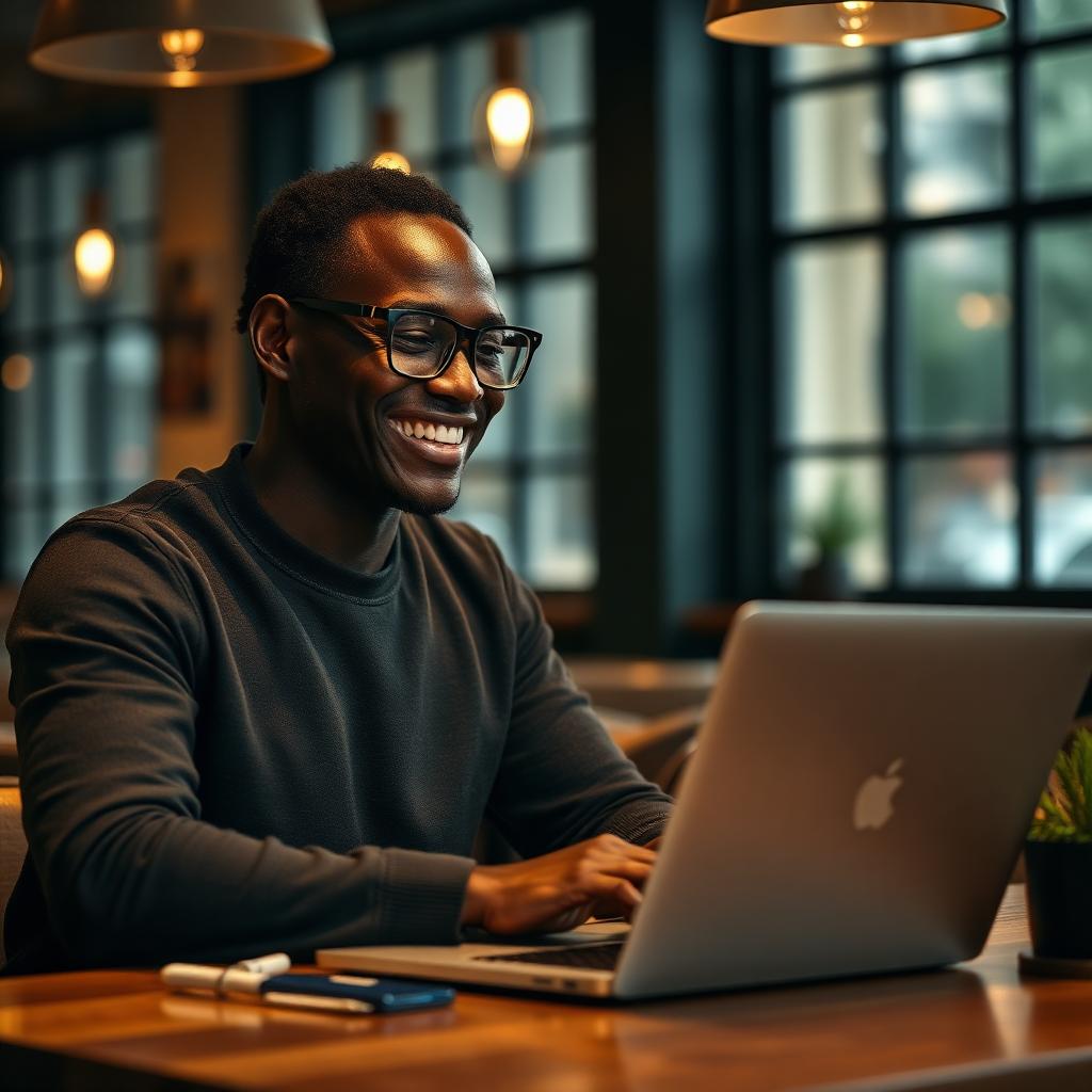 Founder of MaxyblaqEasyLife working on a laptop in a Coventry cafe